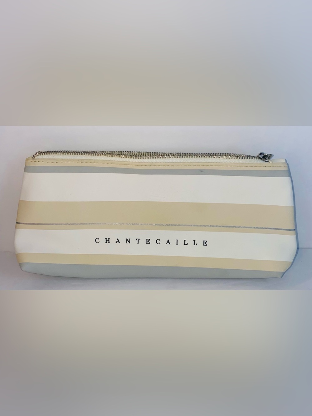 Chantecaille Striped Cosmetic Bag Pouch Makeup Case Beige White